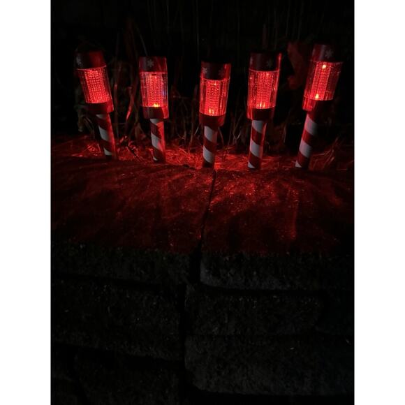 Christmas Holiday Solar Snowflake Candy Cane Outdoor Stake Lights Set Of 5 - Picture 2 of 3